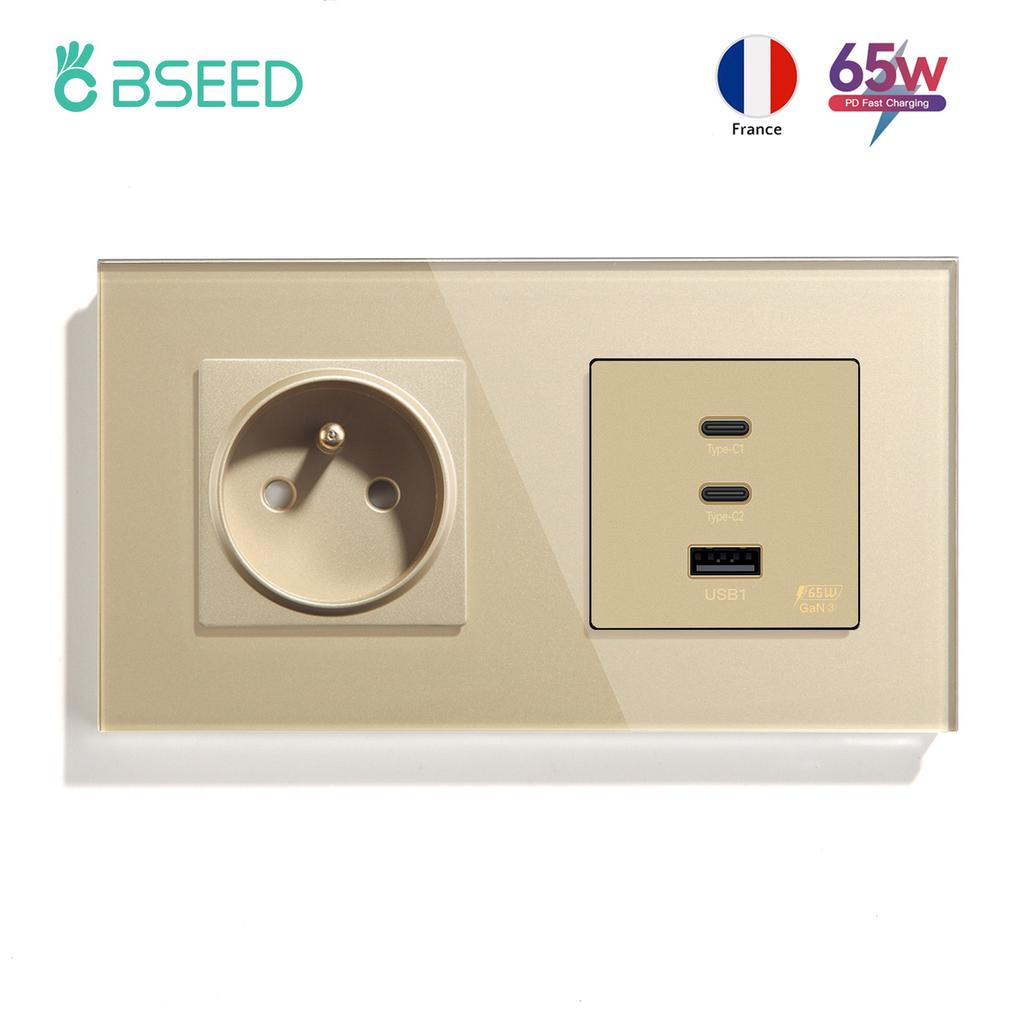 BSEED French Wall Socket 65W Double Type-c USB Sockets Super Fast Charging Ports Electric Power Outlets Crystal Glass Frames