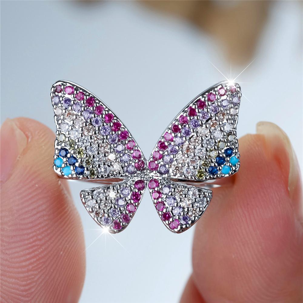 Charm Female Rainbow Butterfly Stone Adjustable Open Ring Gold Silver Color Cute Gift Wedding For Women