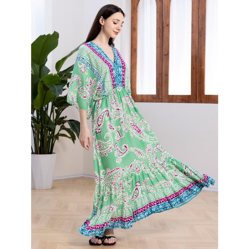 Plus Size Boho Kaftan Dress, Women's Plus Maxi Cover Up Dress