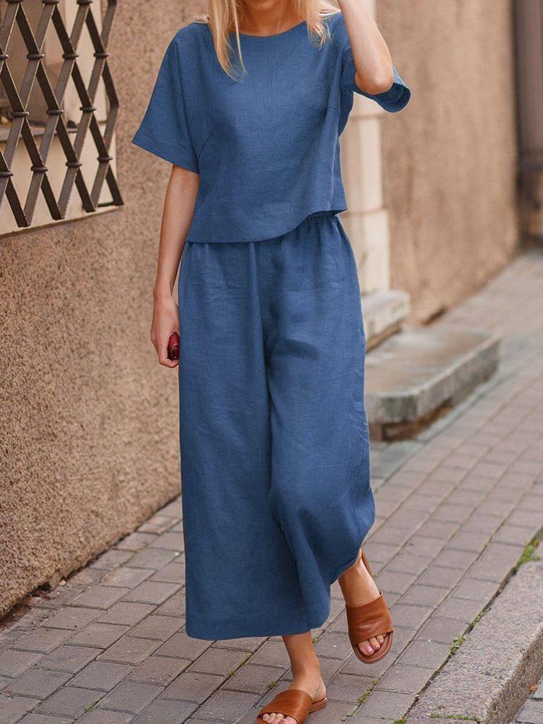2025 Blue Plus Size Women's Short-Sleeved Two-Piece Casual Fashion Suit - European & Southeast Asian Style
