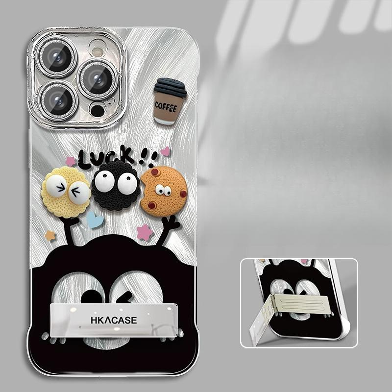 Coal Ball Coffee Doll Suitable for Apple 16 Feather Yarn Frameless Mobile Phone Case 13promax Cute Cartoon 15 Stand