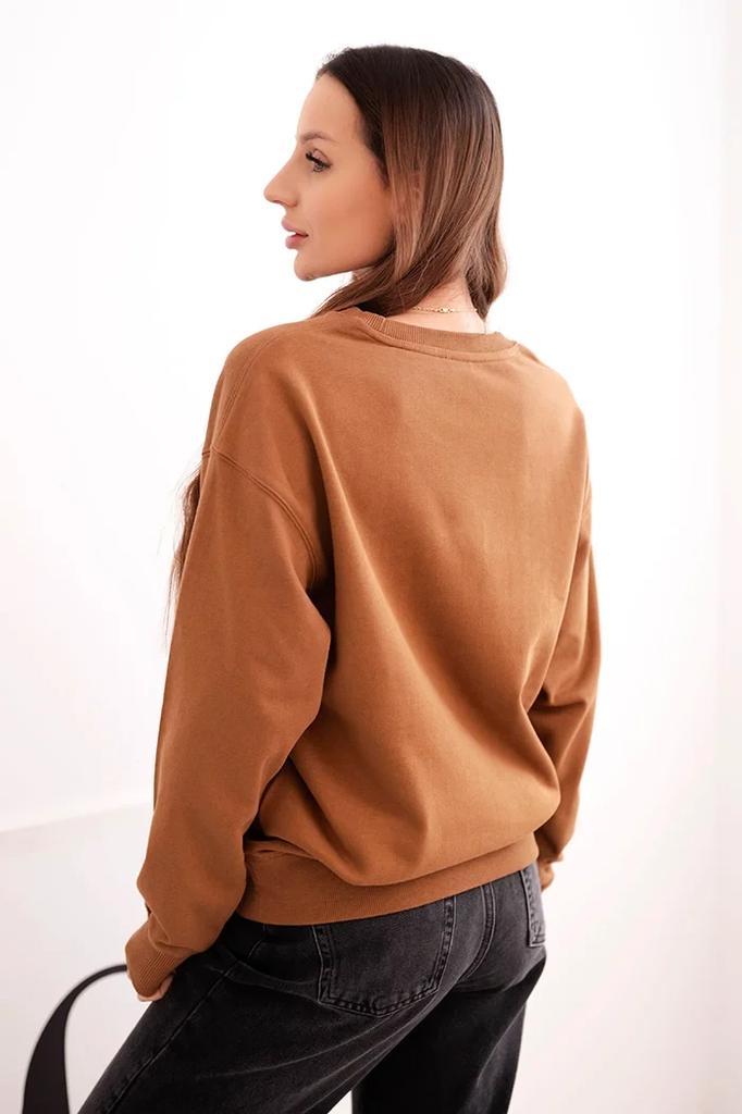 Bluza Damska Pętelkowa Bawełniana Basic Z Okrągłym Dekoltem Camelowa L