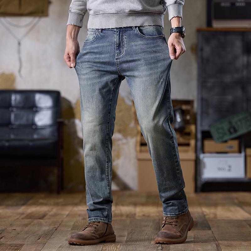 Fashion commuter jeans trendy brand slim small feet denim boys slim straight pants elastic retro denim trousers