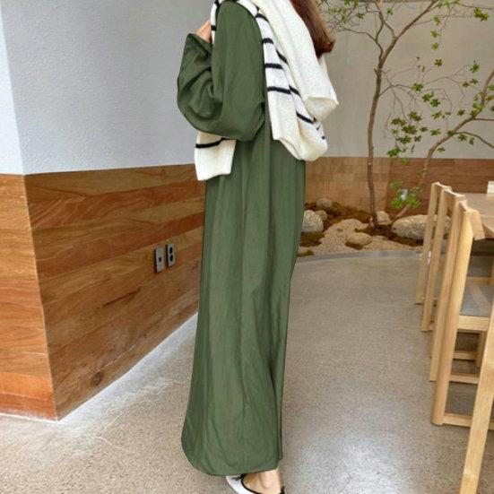 Ladies Fall Spring Dress Loose Lapel Long Sleeve Solid Color V Neck Soft