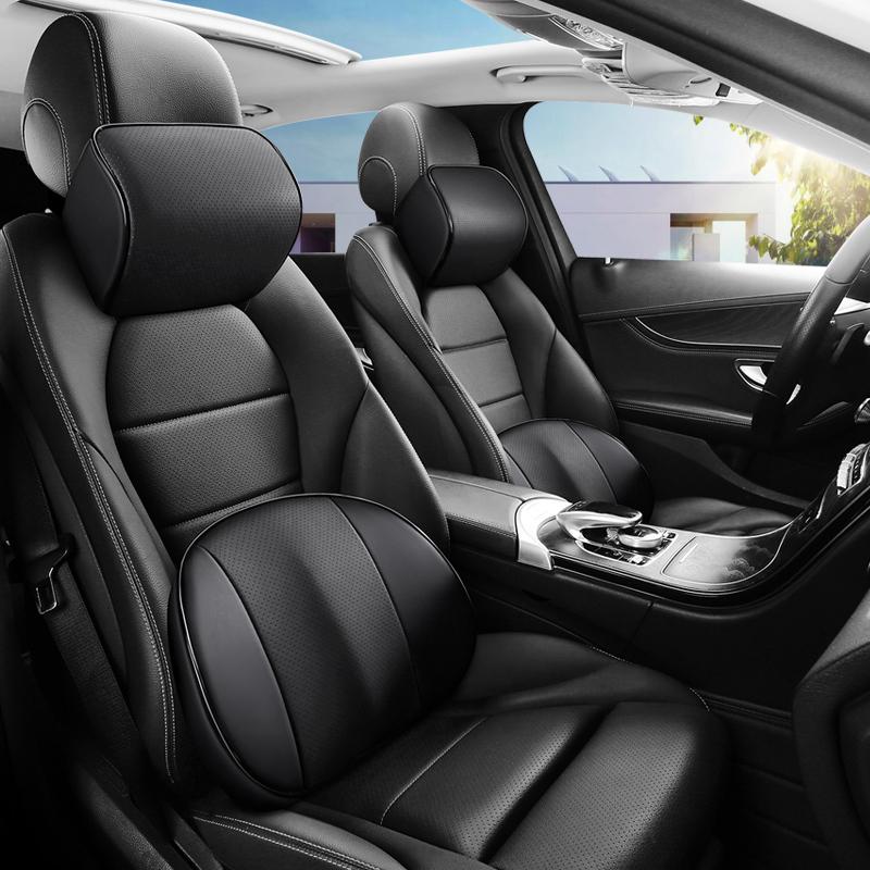 PU Leather Car Neck Pillow Memory Foam Auto Rear Seat Back Headrest Lumbar Supports Travel Cushion Cover Auto Accessories