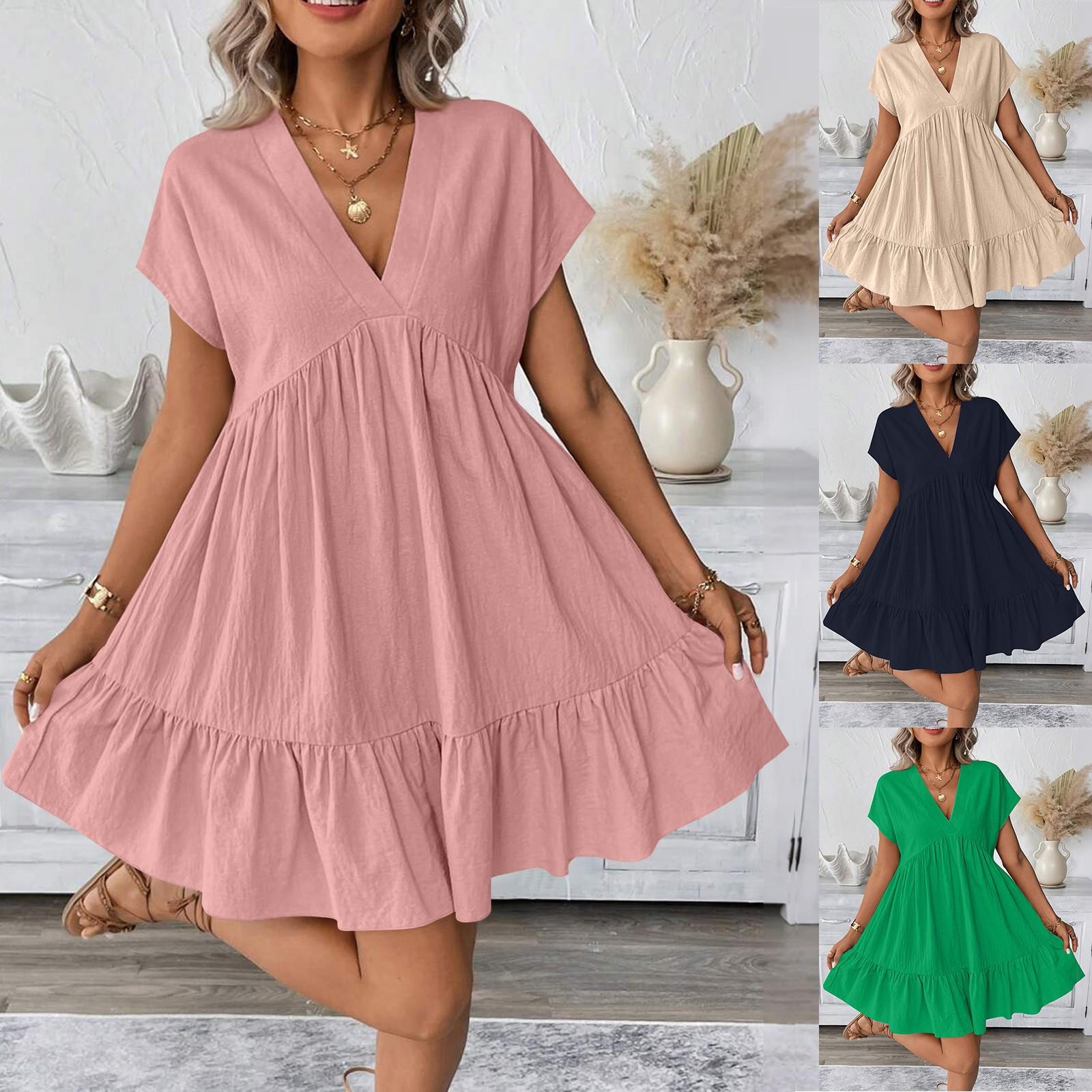 

Women s Fashion Casual Slim Covered Sleeve V-Neck Pleated Ruffle Dresses S синій