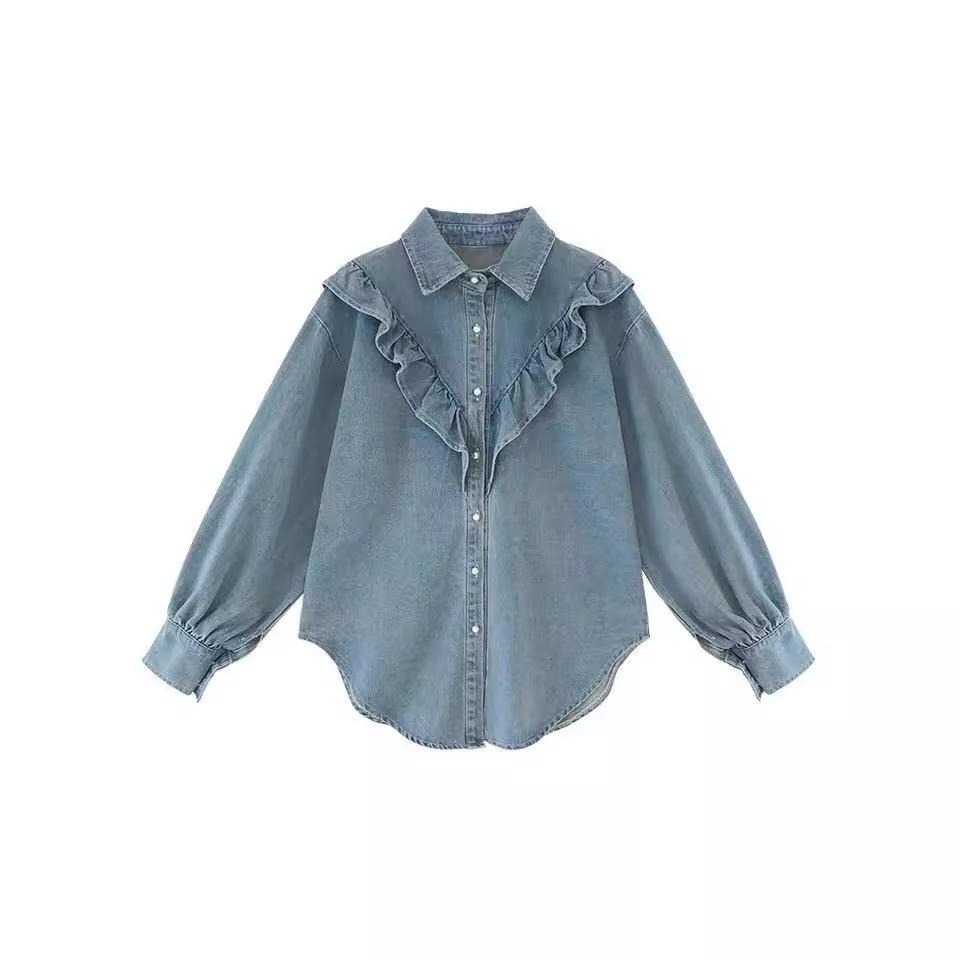 Korejská jarní volánová džínová halenka - Dámská s dlouhým rukávem, slim fit