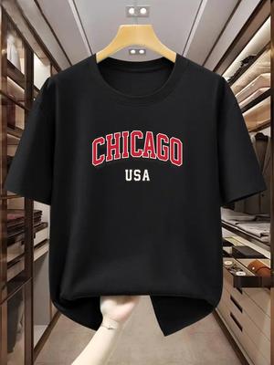 Plus Size Men's 100% Cotton Chicago USA Pattern Crew Neck Short-Sleeve T-Shirt, Comfortable Casual Short-Sleeved T-Shirt for Summer, PLUS SIZE