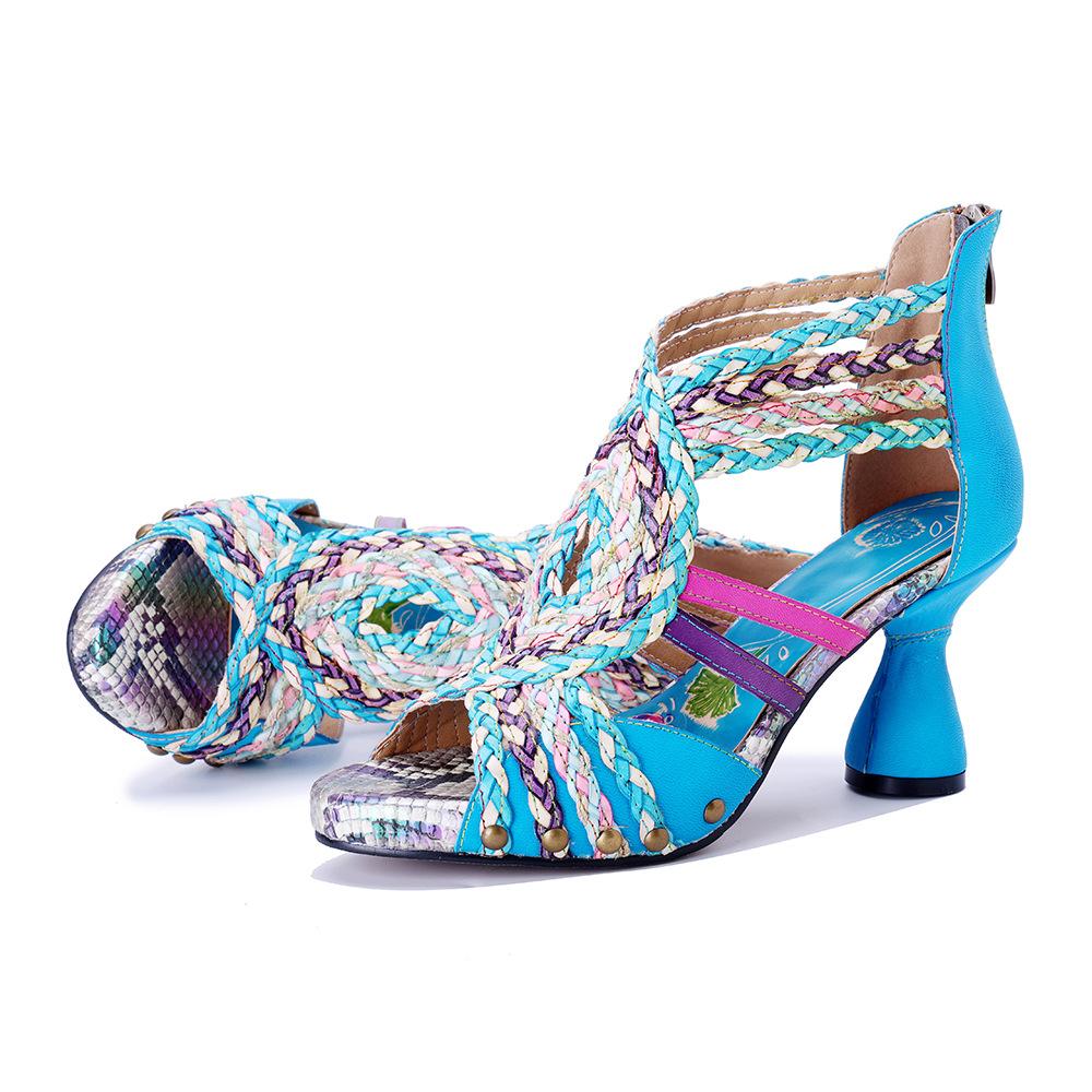 Johnature Ręcznie robione sandały damskie na wysokim obcasie z prawdziwej skóry, plecione, w stylu bohemy, ażurowe