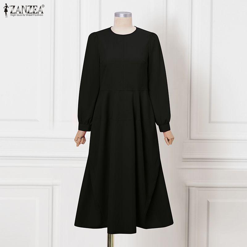ZANZEA Women Round Neck Solid Color Long Sleeve Loose Casual Pleated Long Dress
