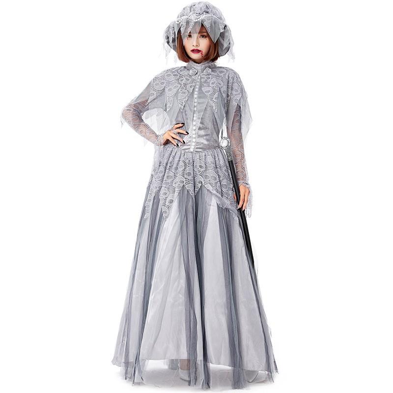 Japanese Vintage Skull Ghost Bride Costume Halloween Cosplay Lace Princess Dress Women
