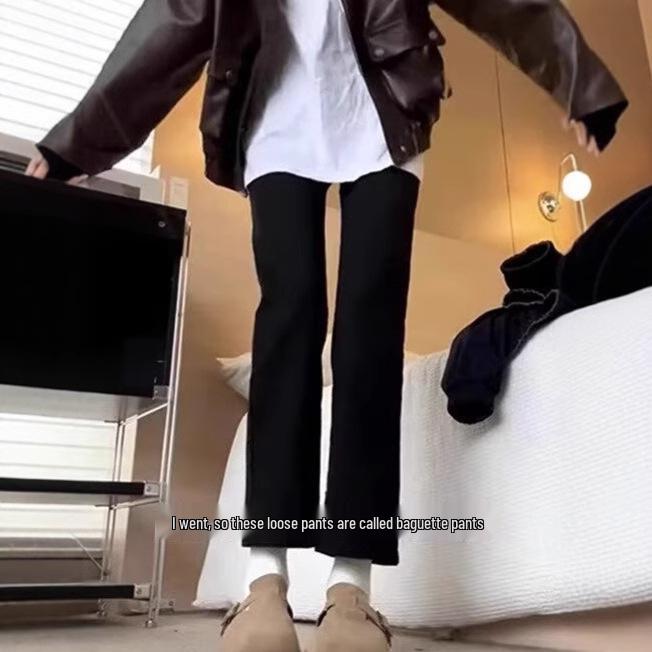 Women's Black High-Waisted Straight-Leg Jeans - Slimming, Elastic, Cropped Cigarette Pants for Spring & Autumn