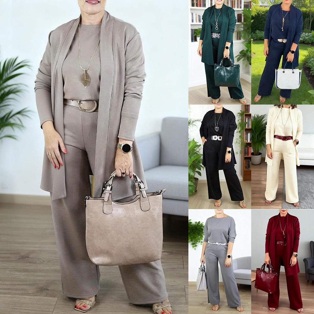 Spring and Autumn European and American Women's Clothing Solid Color Crew Neck Long Sleeve Long Pants Medium and Long Jacket Three-piece Set
