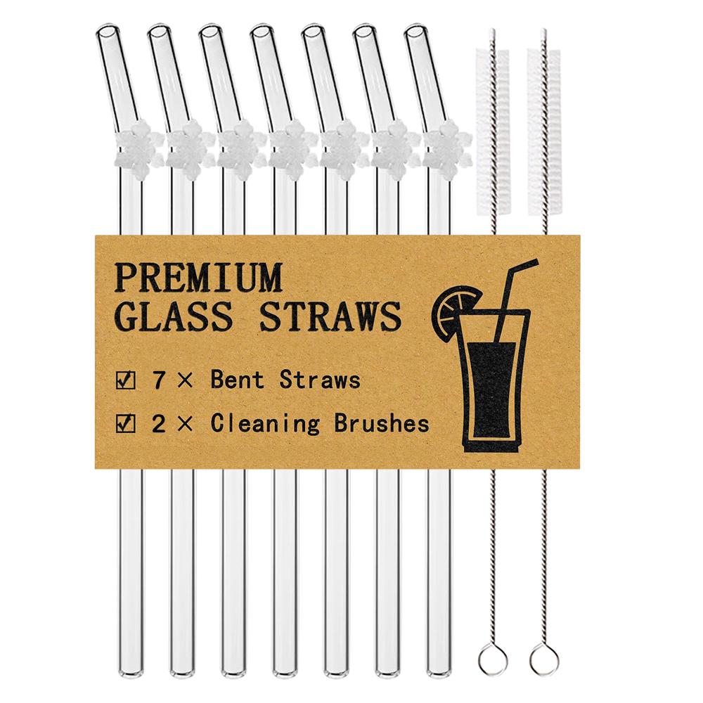 

7Pcs Christmas Reusable High Borosilicate Glass Drinking Straws Bent Straw Set with 2 Brush Milk Shake Coffee Cocktail Straw Bar