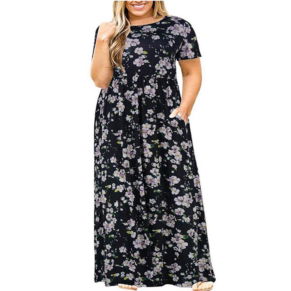 Plus Size Women Casual O-Neck Summer Short Sleeve Print Loose Pocket Long Dress