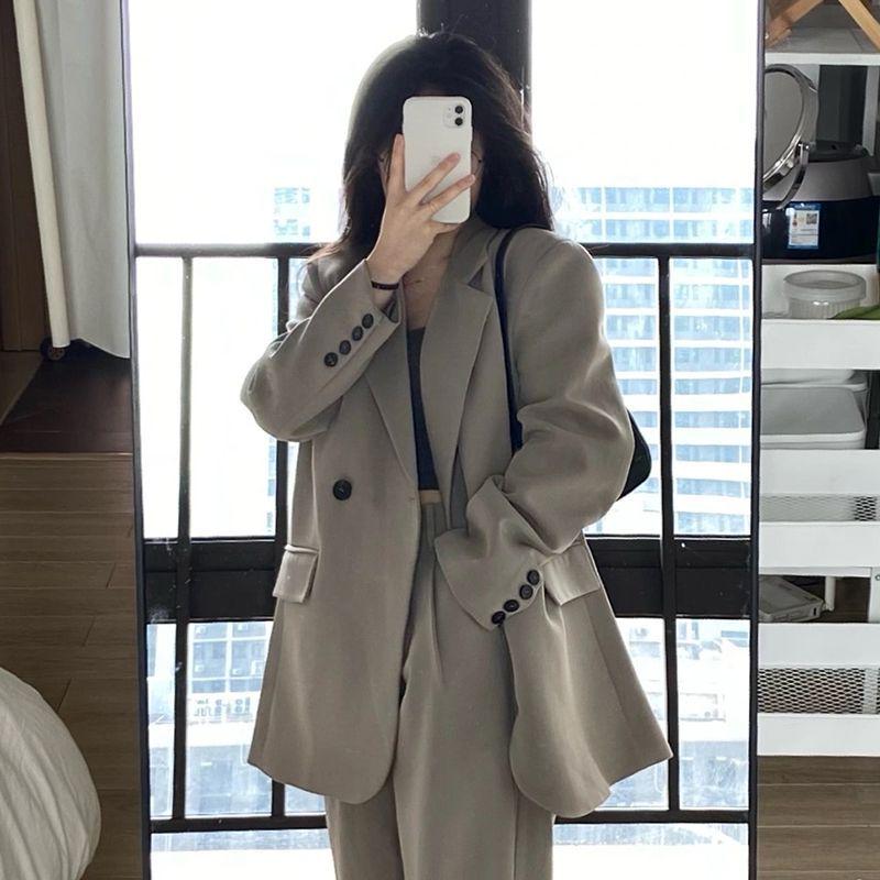 

Women s Gray Blazer Two-Piece Set - High-End Loose Casual Suit for Spring & Autumn 2025, Small Size. S [101-110 kg]
