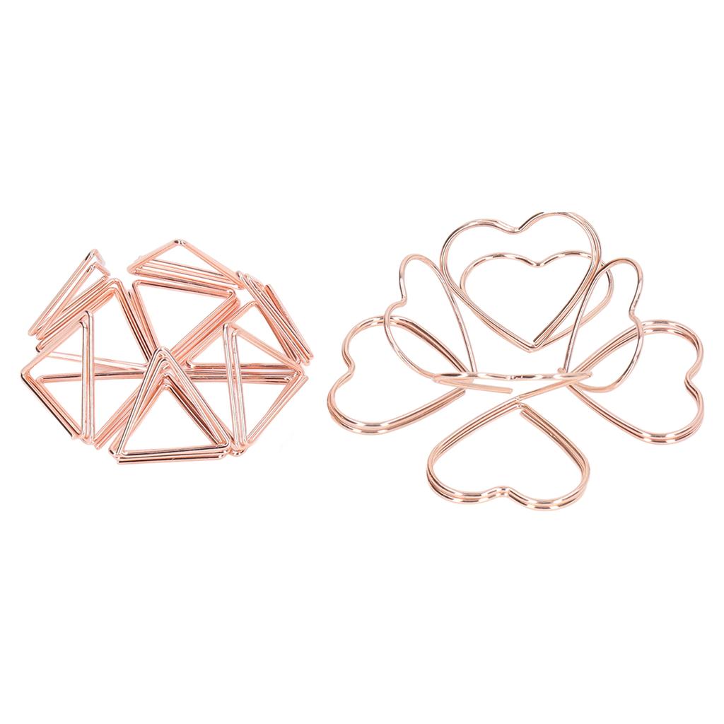 100pcs Shaped Paper Clips Triangular and Heart Type Double Layer 3D Rose Gold Metal Paper Clips for File Classification
