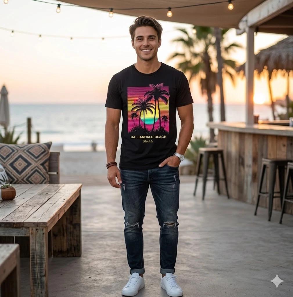Unisex Adult Retro Hallandale Beach Florida Sset Palm Tree T-Shirt ... XXXXL