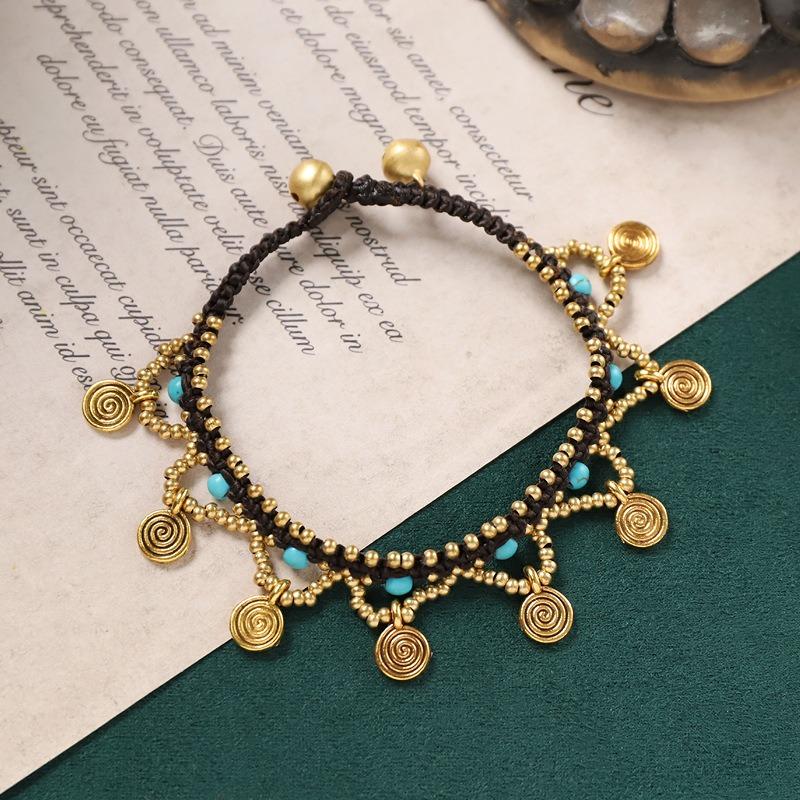 

Винтажный плетеный медный браслет с бусинами, пляжный браслет на ногу, экзотический ветер, отпуск, ручная веревка, женский