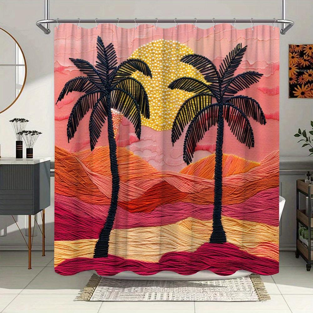 Hand-Stitched Sunset Desert Shower Curtain - Palm Trees & Golden Sun, Serene Landscape Art, Warm & Inviting Bathroom Decor W90XH180cm