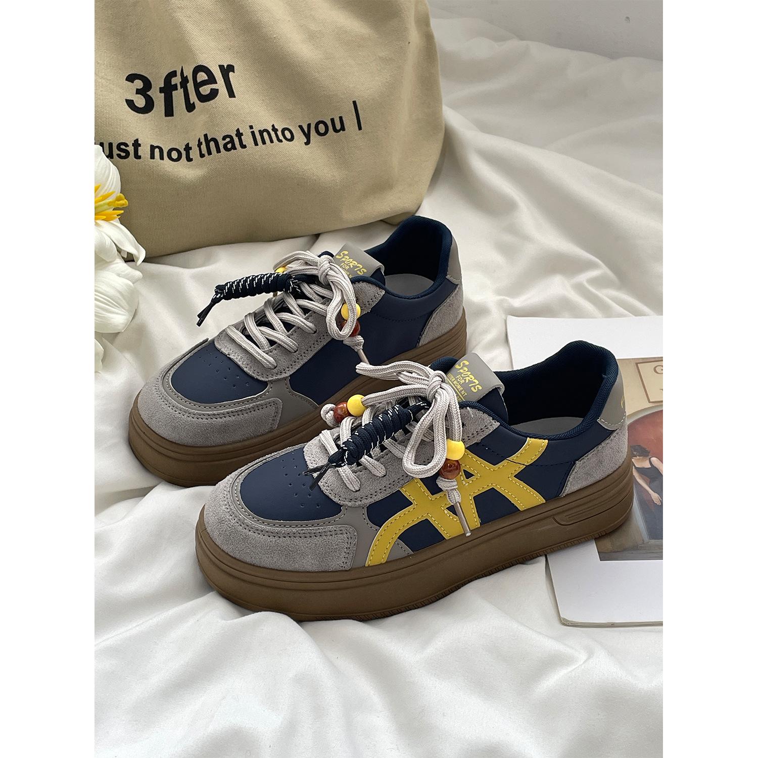 

Retro color matching platform beaded German training shoes women s 2025 new round head lace-up fashion versatile casual sports board 40 темно-синий