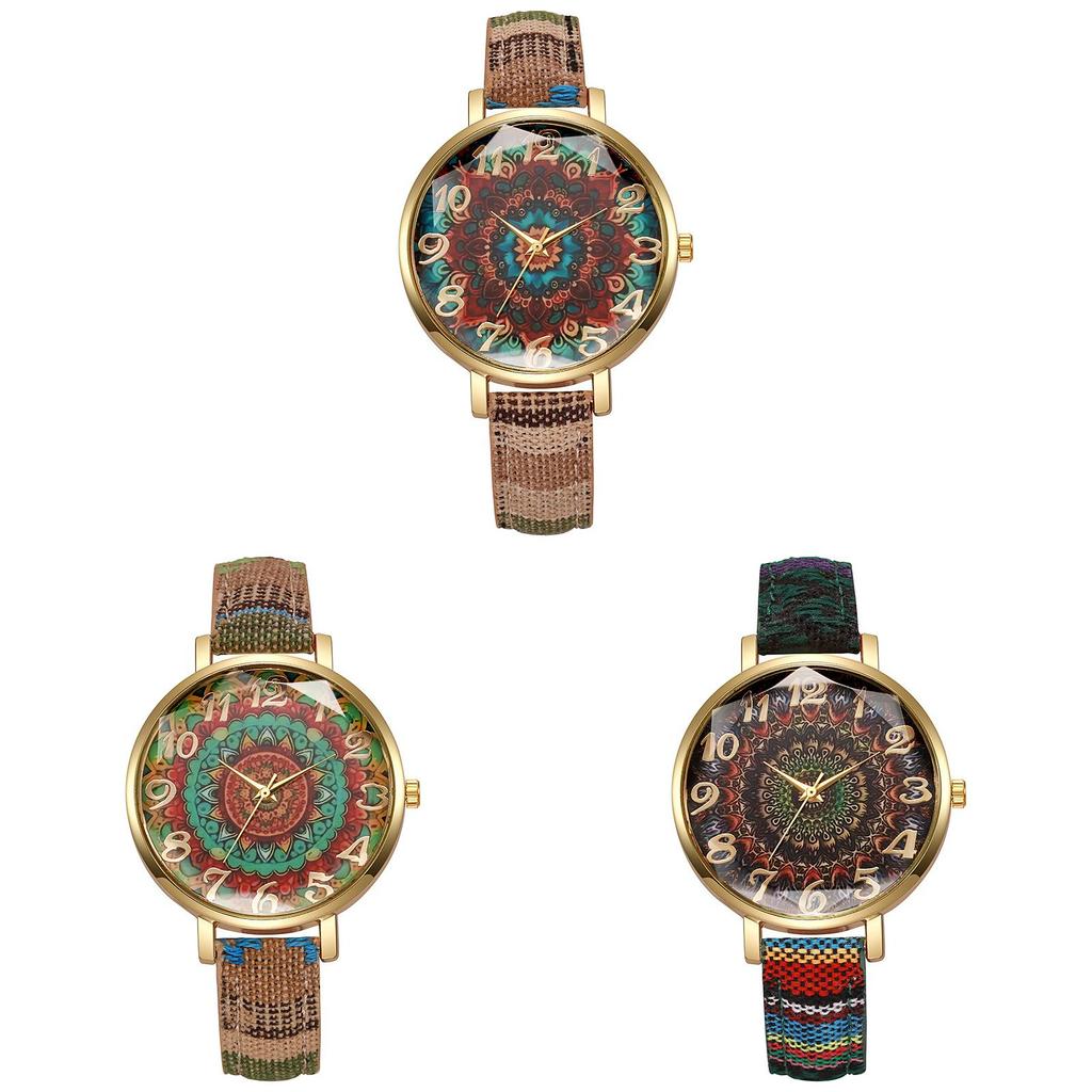Vintage Ethnic Style Womens Quartz Watch With Colorful Canvas Strap For Casual Fashion And Gift