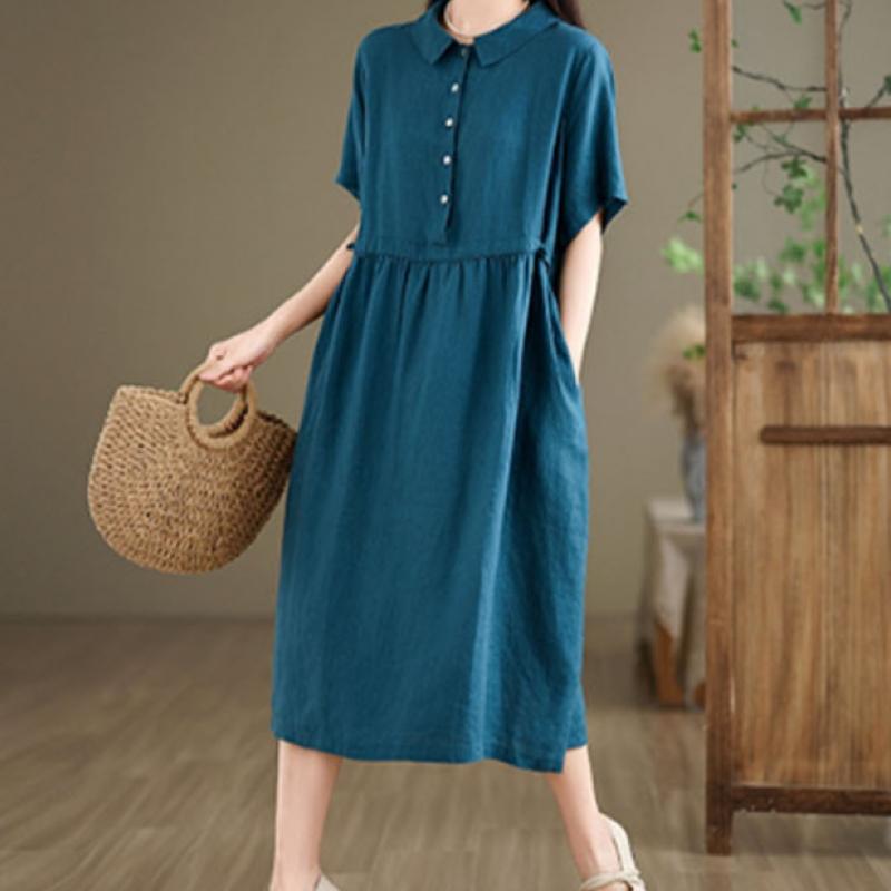 Shop Women Collar Neck Loose Fit Linen Vacation Long Dress Won Wdr Wf5e8d3