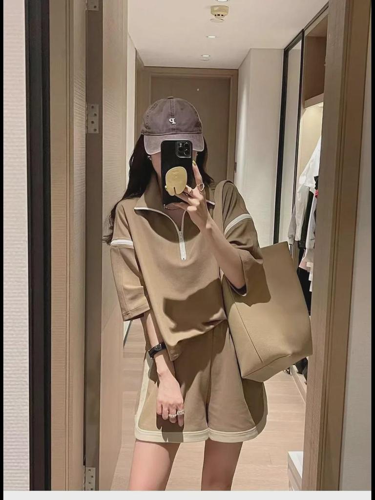 European Spring 2023 Women's Casual Sports Two-Piece Suit with Wide-Leg Shorts