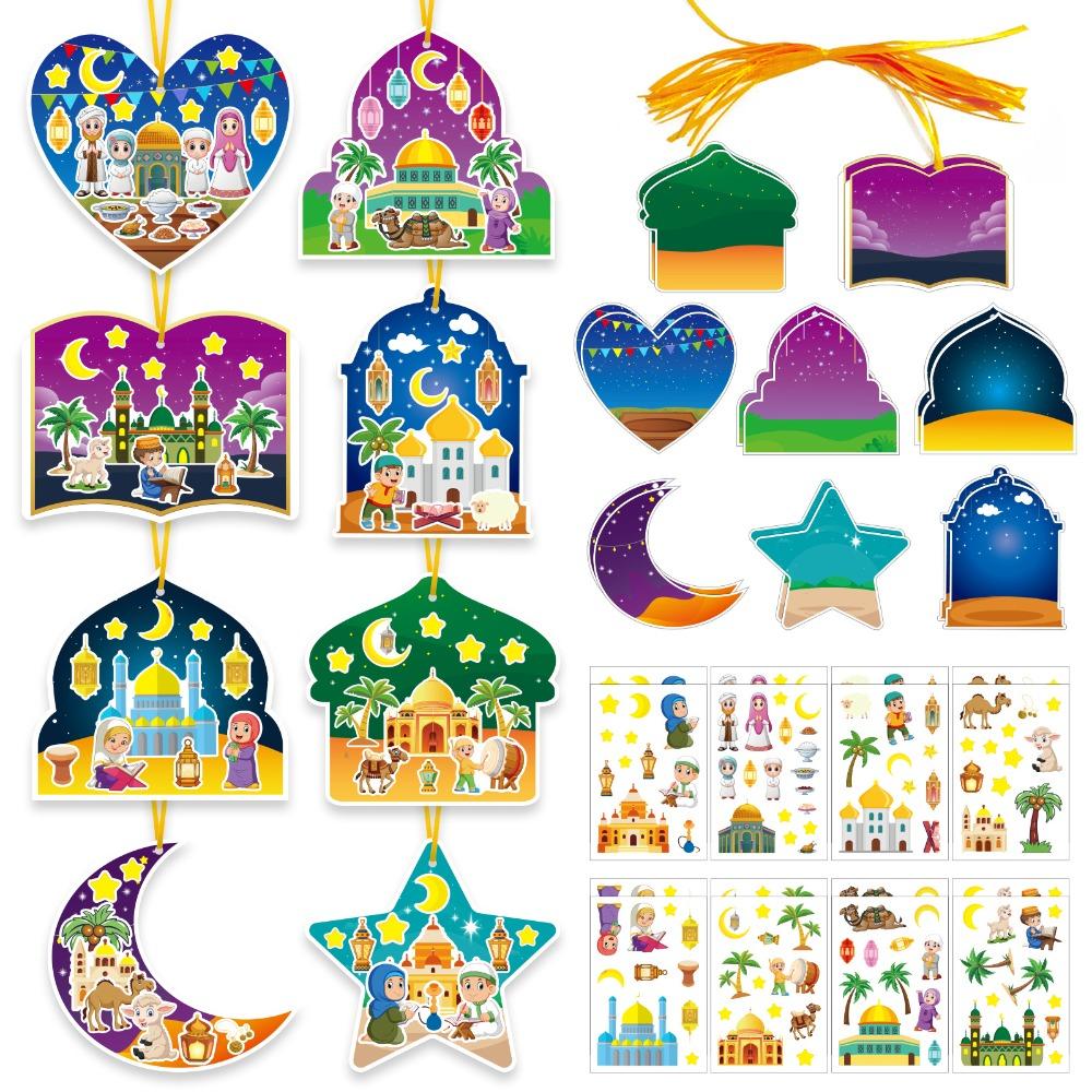 36Pcs Cartoon Eid Mubarak Hanging Decoration Ramadan Moon Star DIY Handicrafts Eid DIY Stickers Multicolored with Lanyard