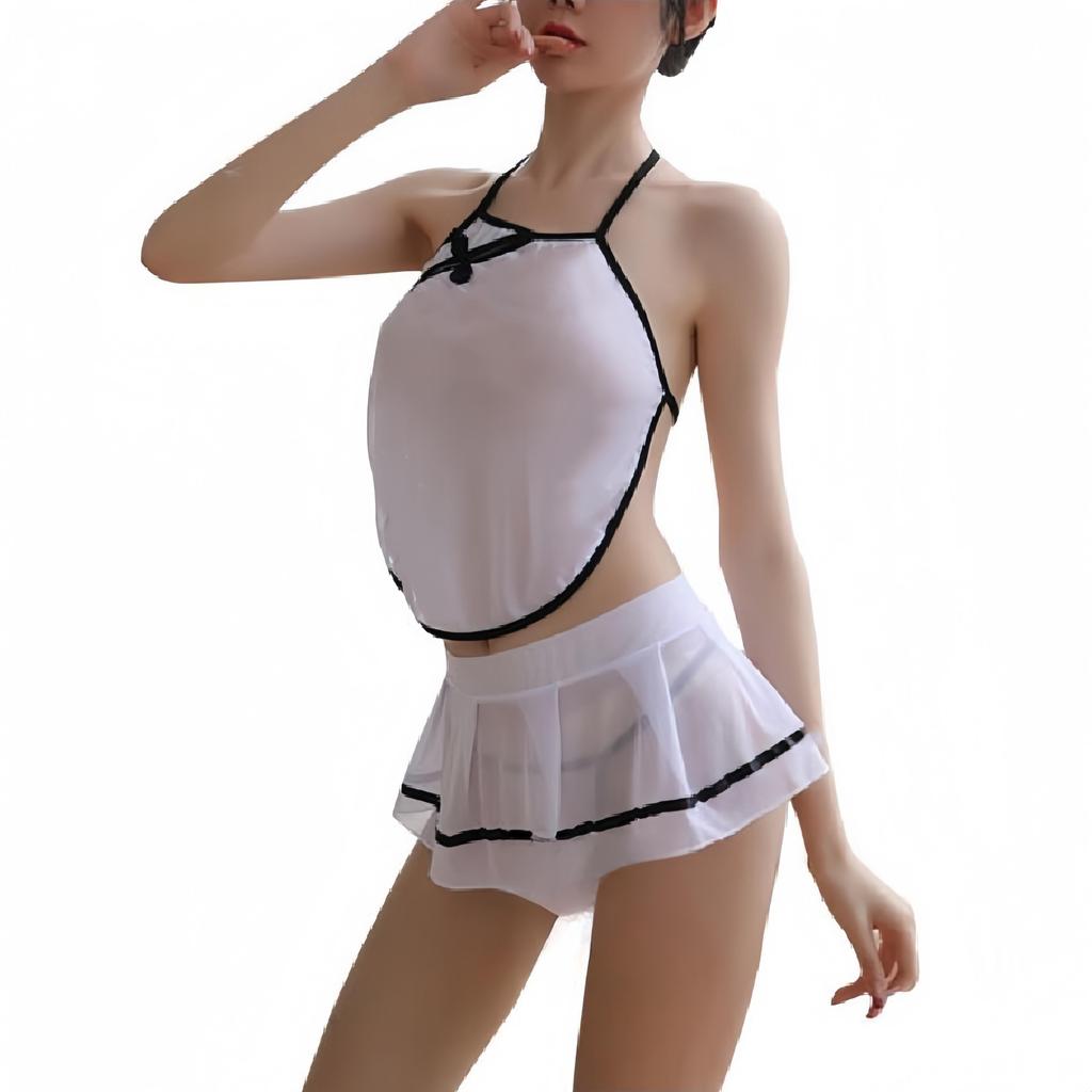 Transparent Womens Sexy Short Skirt Set Chinese Cheongsam Style Backless Underwear Skirt Set