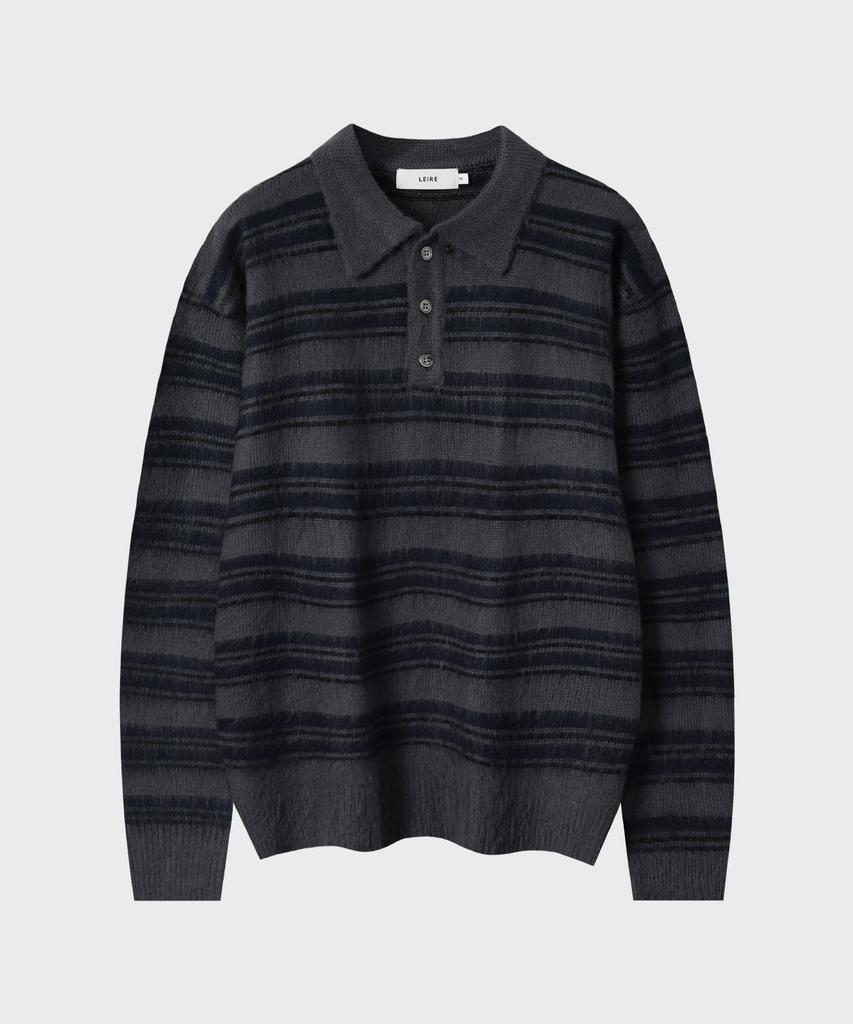 LEIRE Striped Brush Collar Crop Knit [Charcoal Navy St]