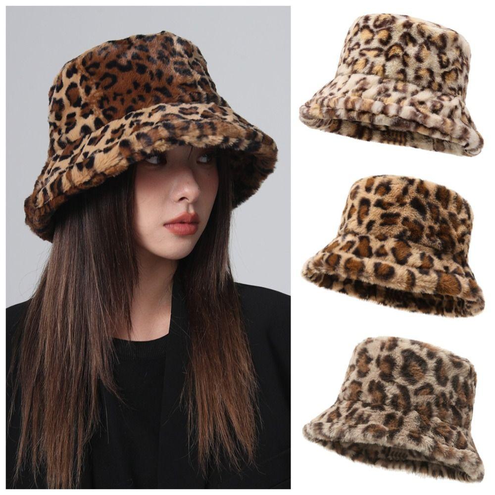 Windproof Leopard Print Bucket Hat Korean Style Fluffy Fisherman Caps  Autumn and Winter