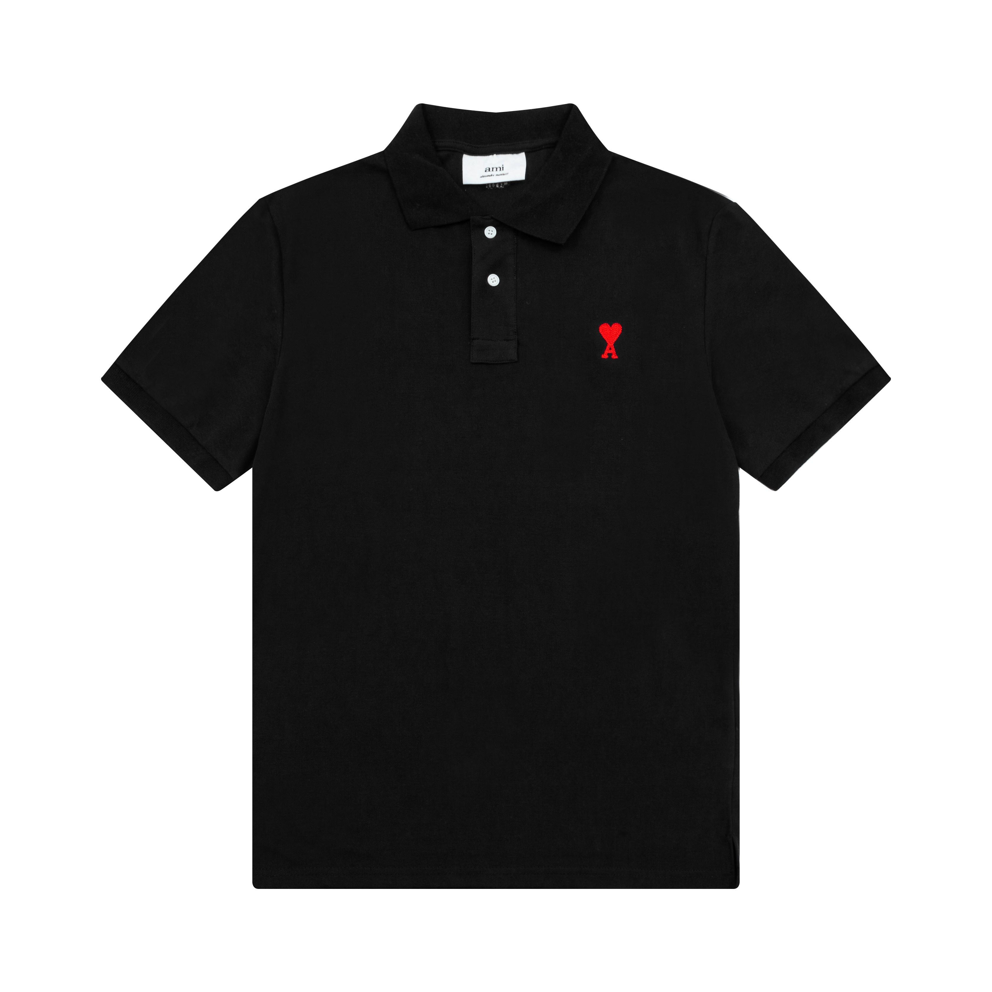 AMI Lente en Zomer Kraag Klassiek Hart Borduurwerk Letter A Perzik Hart Puur Katoen Heren en Dames Poloshirt Korte Mouw S zwart