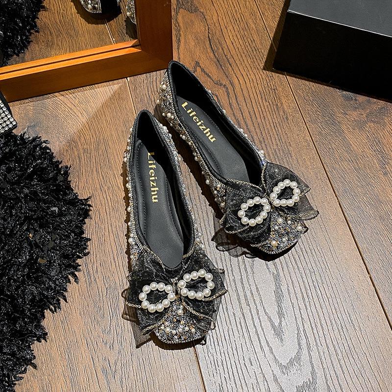 Neue Mode Damenschuhe Flach Frühling Sommer Kristall Schleife Runde Spitze Bootsschuhe Mädchen Große Größe Slipper Loafer