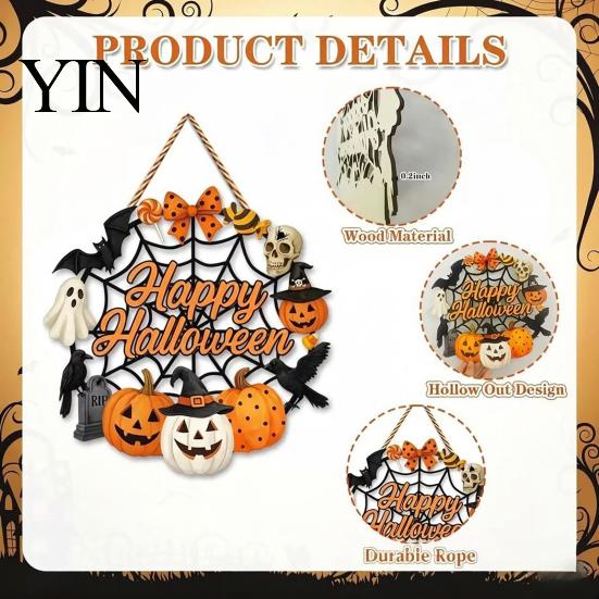 Fall Front Porch Signs Halloween Wooden Wreath Door Hanger Sign, Pumpkin Ghost Black Cat Witch Ornaments Bat Patterns, Hanging Plaque for Farmhouse