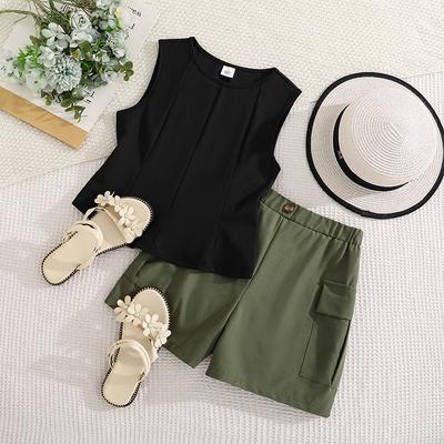 Girls' Fashion Set - Summer Children's Casual Sleeveless Top and Shorts Set