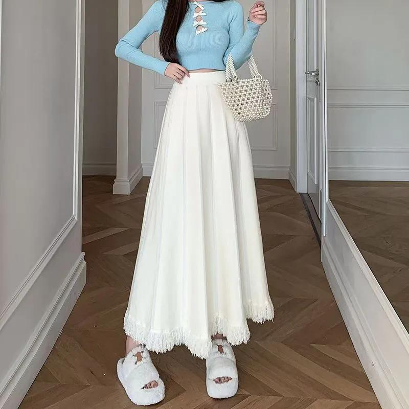 Thicken Pleated Skirts Women Oversize Korean Elegant Casual Midi Skirt White Winter Warm Knitted Skirt
