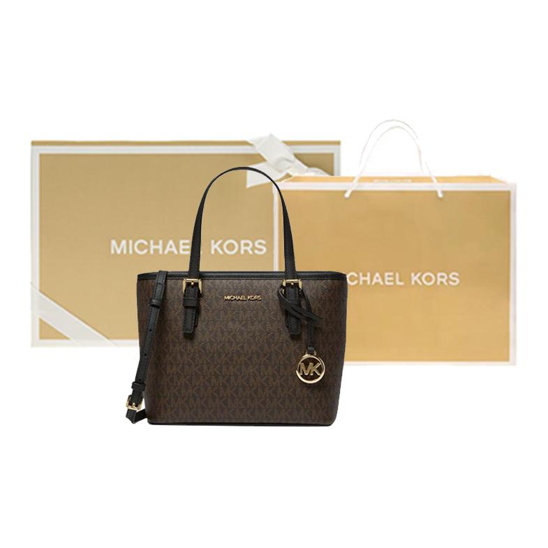Michael Kors Mk Jet Set Monogram Color Block Coated Canvas And Leather Trim Tote Bag Shopping Bag Shoulder Crossbody Handbag Mini 35T9GTVT0B-BROWN-BLK