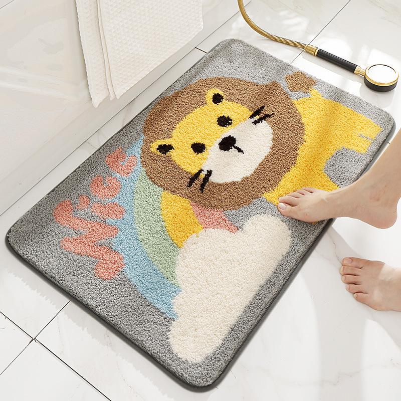 Cartoon Flocked Bath Mat Cute Animal Super Fiber Thickened Plush Bathroom Carpet Water-absorbent Anti-slip Bath Rug