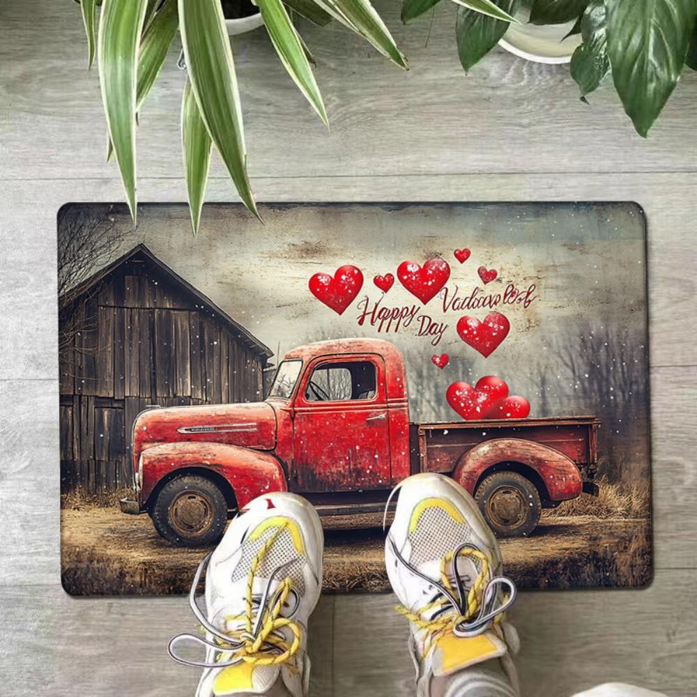 Vintage Red Truck Heart-Shaped Doormat Perfect for Kitchen, Living Room, and Bathroom Valentine's Day Home Decor