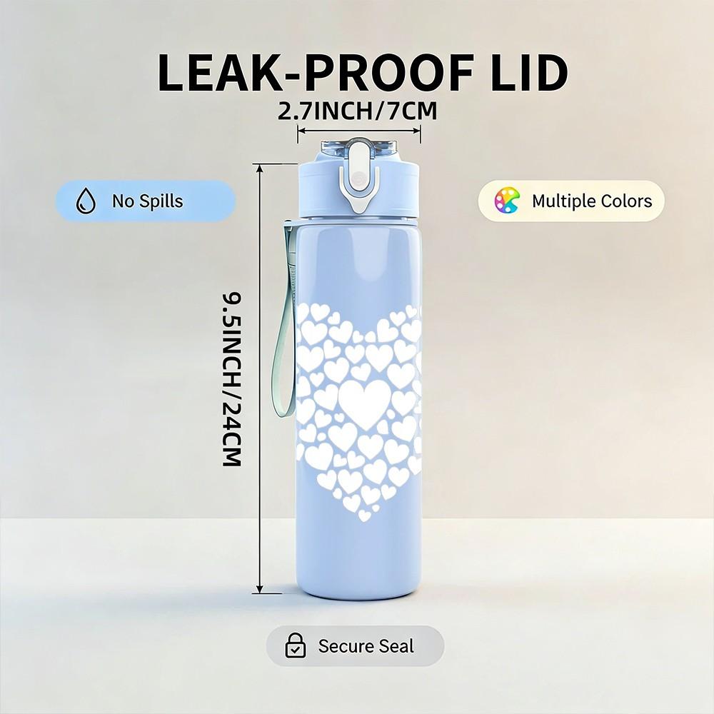 1PC Plain White Hollow Heart Line Print 750ml Color Plastic Sports Water Bottle Leakproof Flip Straw Lid Suitable for Sports Office Home Use
