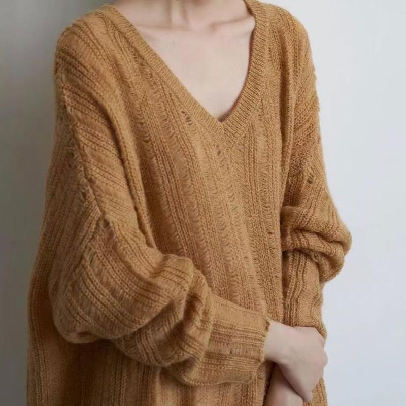 Spring and Autumn Lazy Style Knitted Sweater Women's Loose Outer Wear Hollow Out V-neck Casual Slim Base Layer Thin
