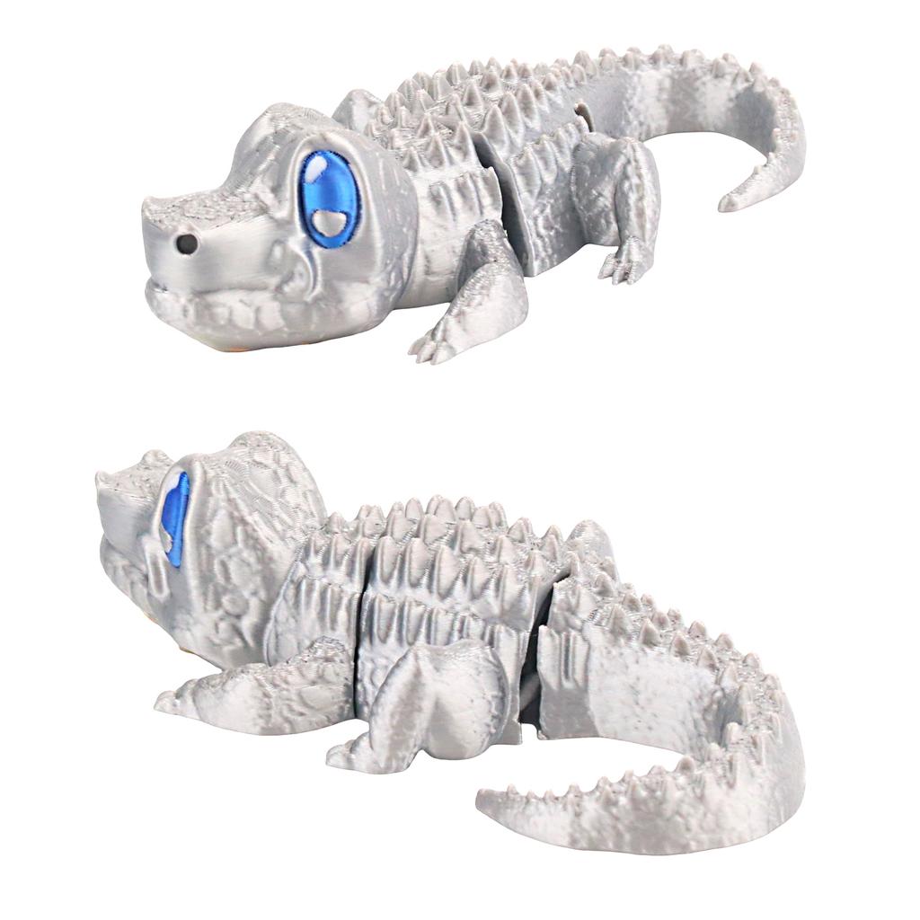 3D Printed Silver Wagging Tail Crocodile, Joints Movable, Novel Multi-Color Printing Technology Gift Small Toy