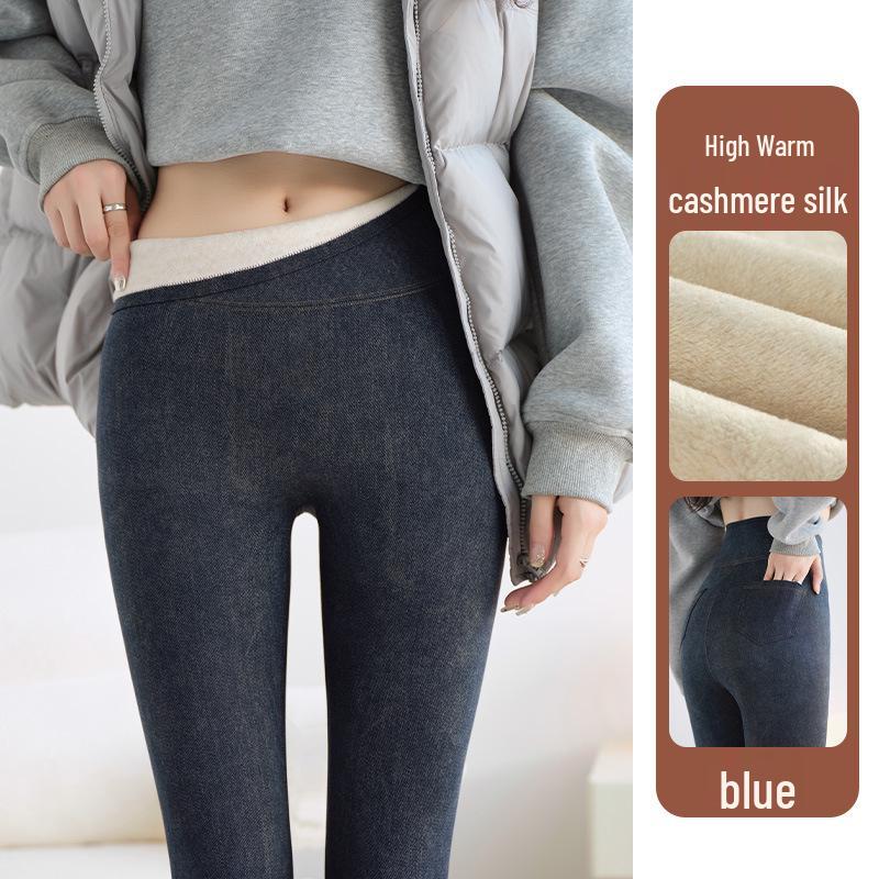 Women's Slim Fit Cashmere Silk Fleece-Lined Winter Pants with Pockets