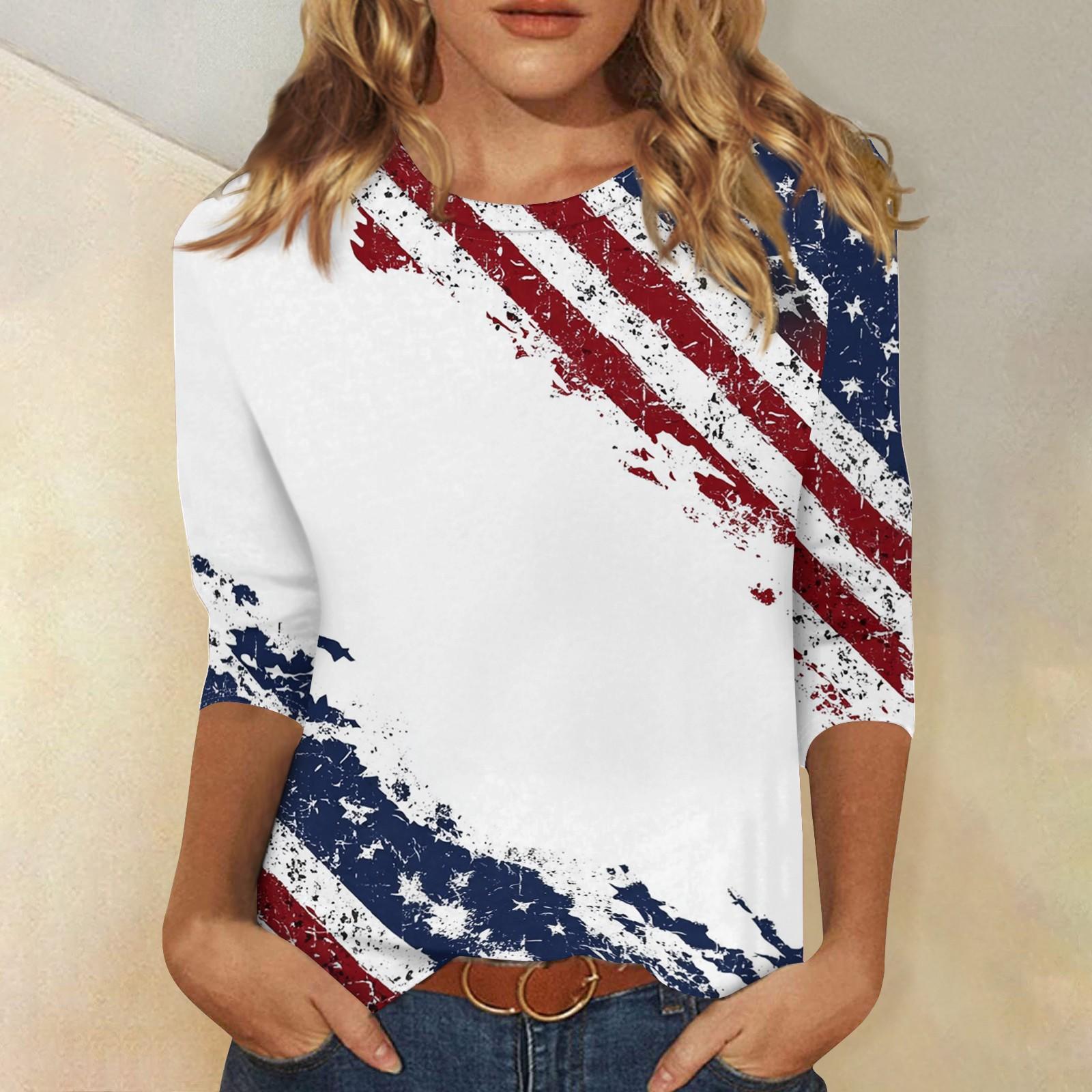 

Женская модная повседневная футболка с принтом американского флага и звезд ко Дню независимости, с вырезом, рукав три четверти S