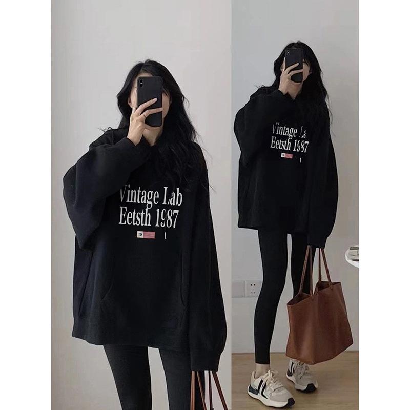 Black hooded sweater women s autumn and winter loose fleece thickened American retro lazy jacket large size pullover M