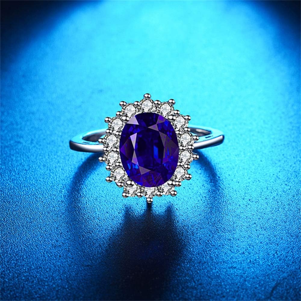 Princess Diana Kate Middleton Class Gemstone Birthstone Sapphire Red Halo AAA Cubic Zirconia Statement Engagement Rings for Women, Anniversary 925