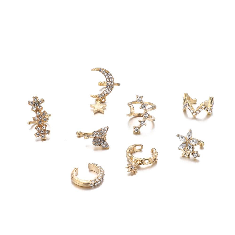 New Fashion Butterfly Star Moon Diamond U-Shaped Camellia Stud Earrings Hole-Free Ear Clips 8-Piece Set