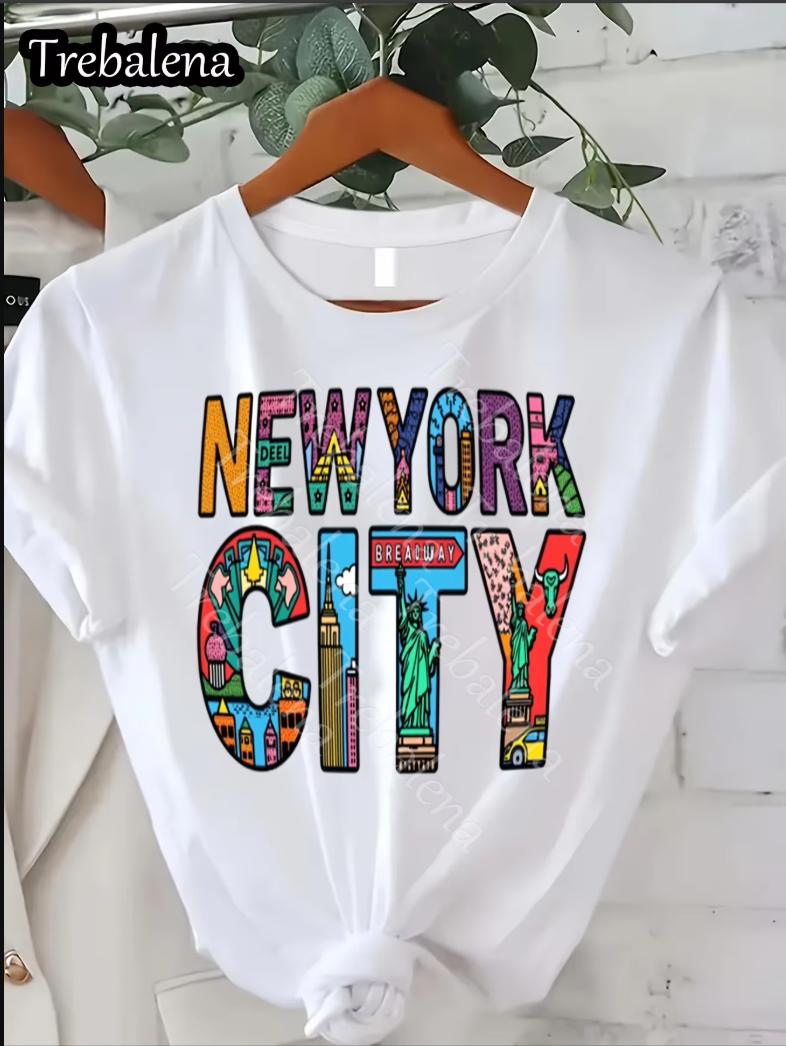 Женская повседневная футболка из чистого хлопка с принтом букв New York City, круглый вырез, короткий рукав, всесезонная, универсальная S