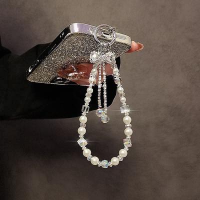 Cadena de Teléfono Móvil de Lujo de Gama Alta con Borla de Lazo de Diamante Flash Cadena de Muñeca Corta con Cuentas de Cristal